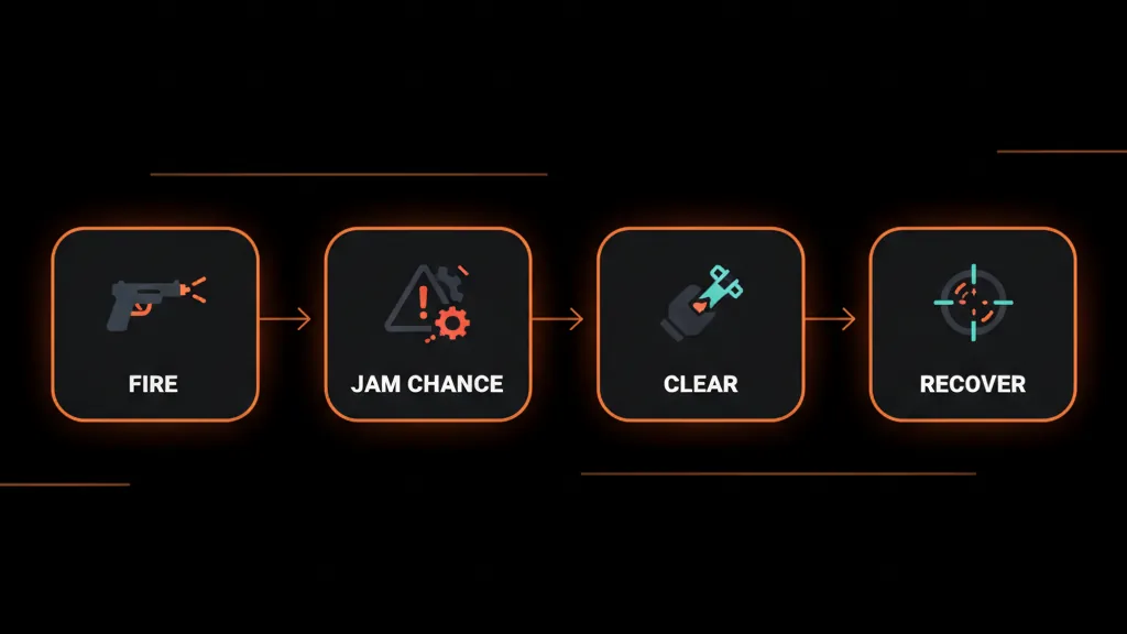 Diagram of a weapon jam and recoil cycle for a FiveM RP server, showing fire, jam chance, clear animation, and recoil recovery stages