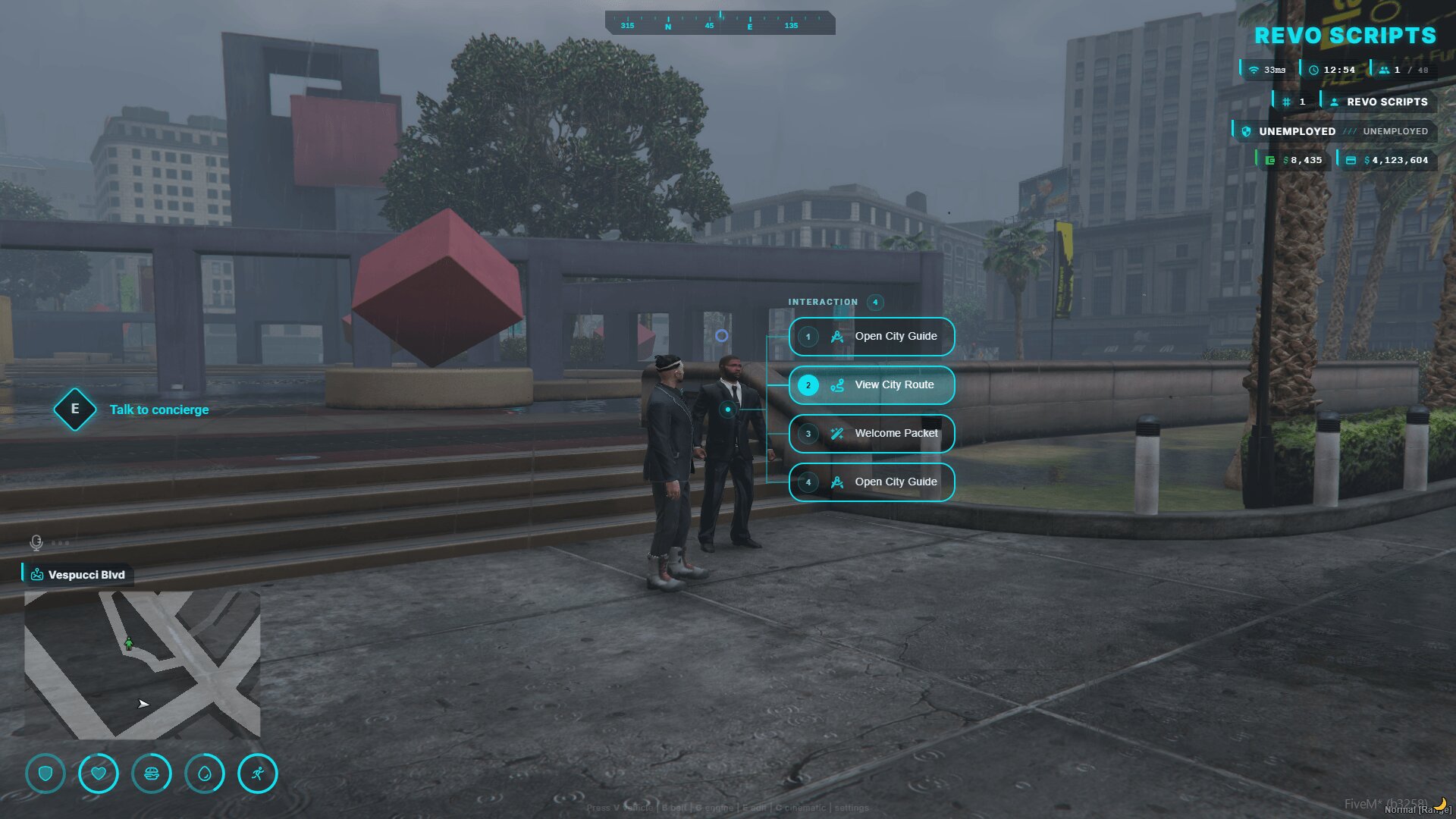 A FiveM server running the Revo ox_lib UI kit, showing a cyan-branded interaction menu and HUD reskinned to match the server's brand color