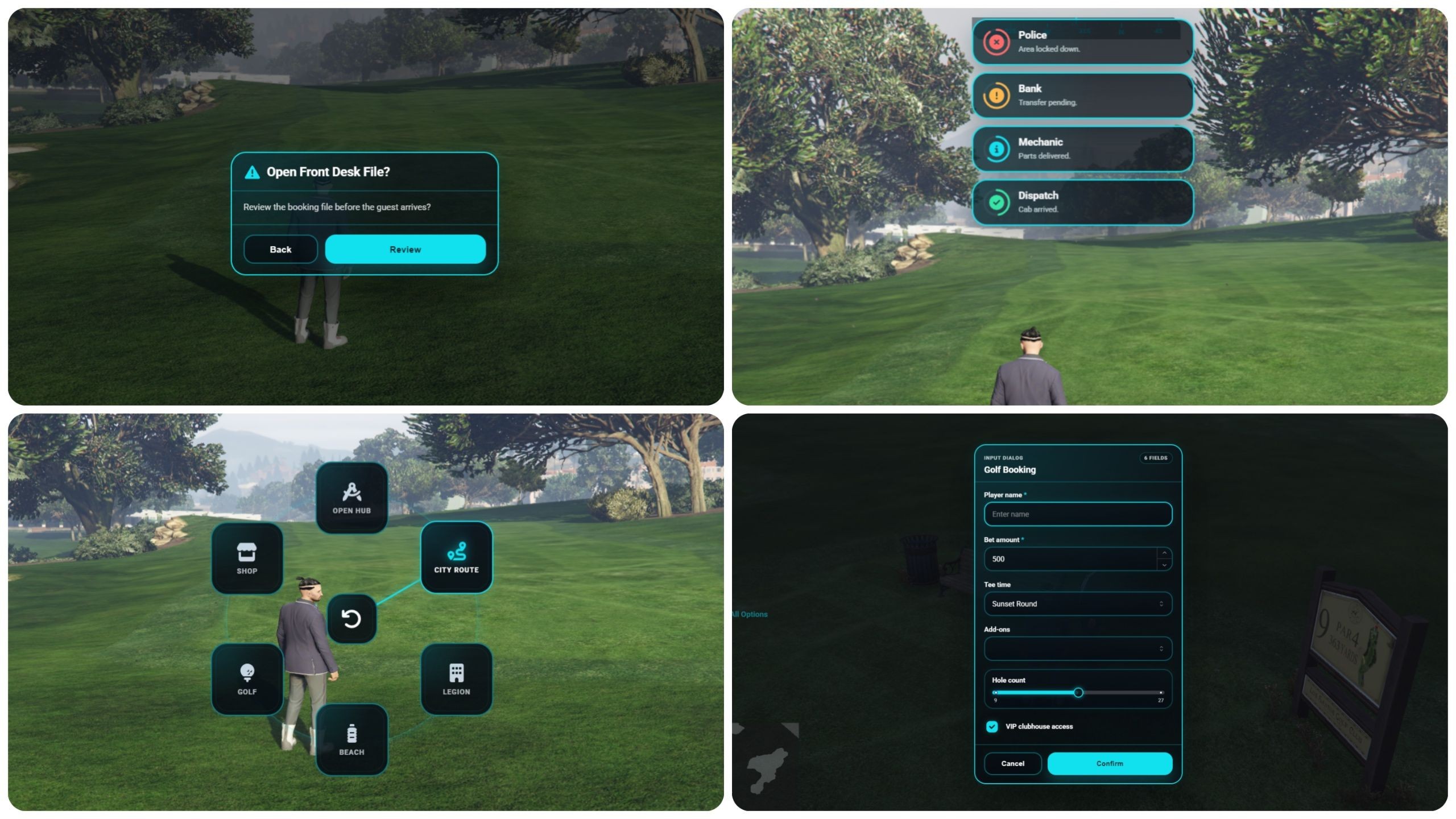 Four examples of the Revo ox_lib redesign: an input dialog form with fields and a slider, a radial interaction menu, stacked notification toasts, and a confirmation dialog, all in the server's brand color